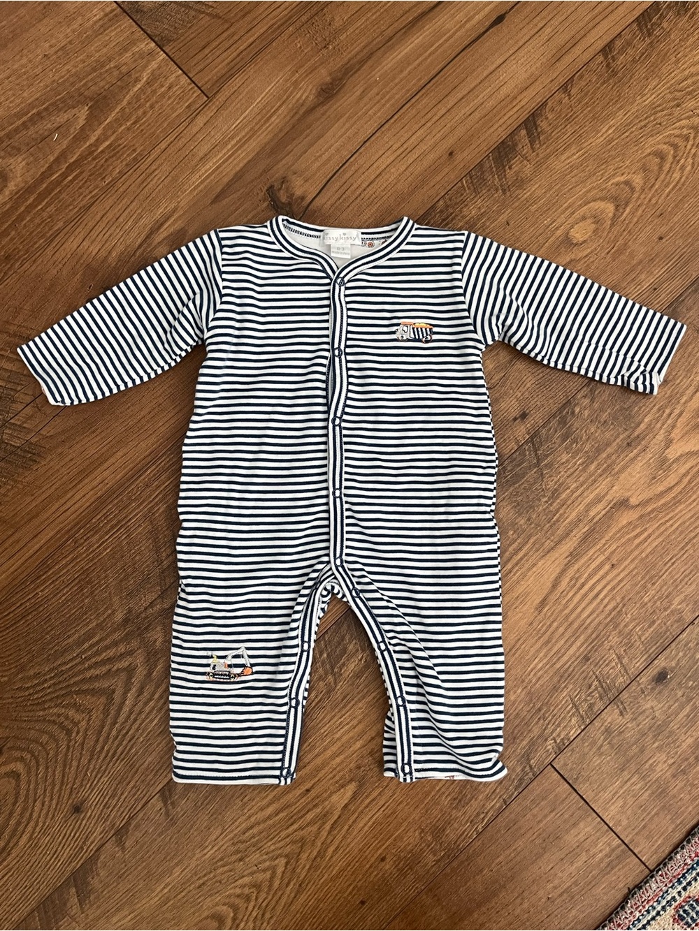 Kissy Kissy Baby Boy Pajamas, navy blue & White Stripes, 0-3 months dump truck